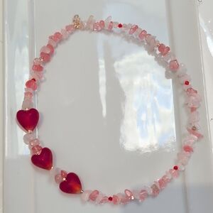 Handmade Rose & Cherry Quartz Glass Heart Beaded Necklace